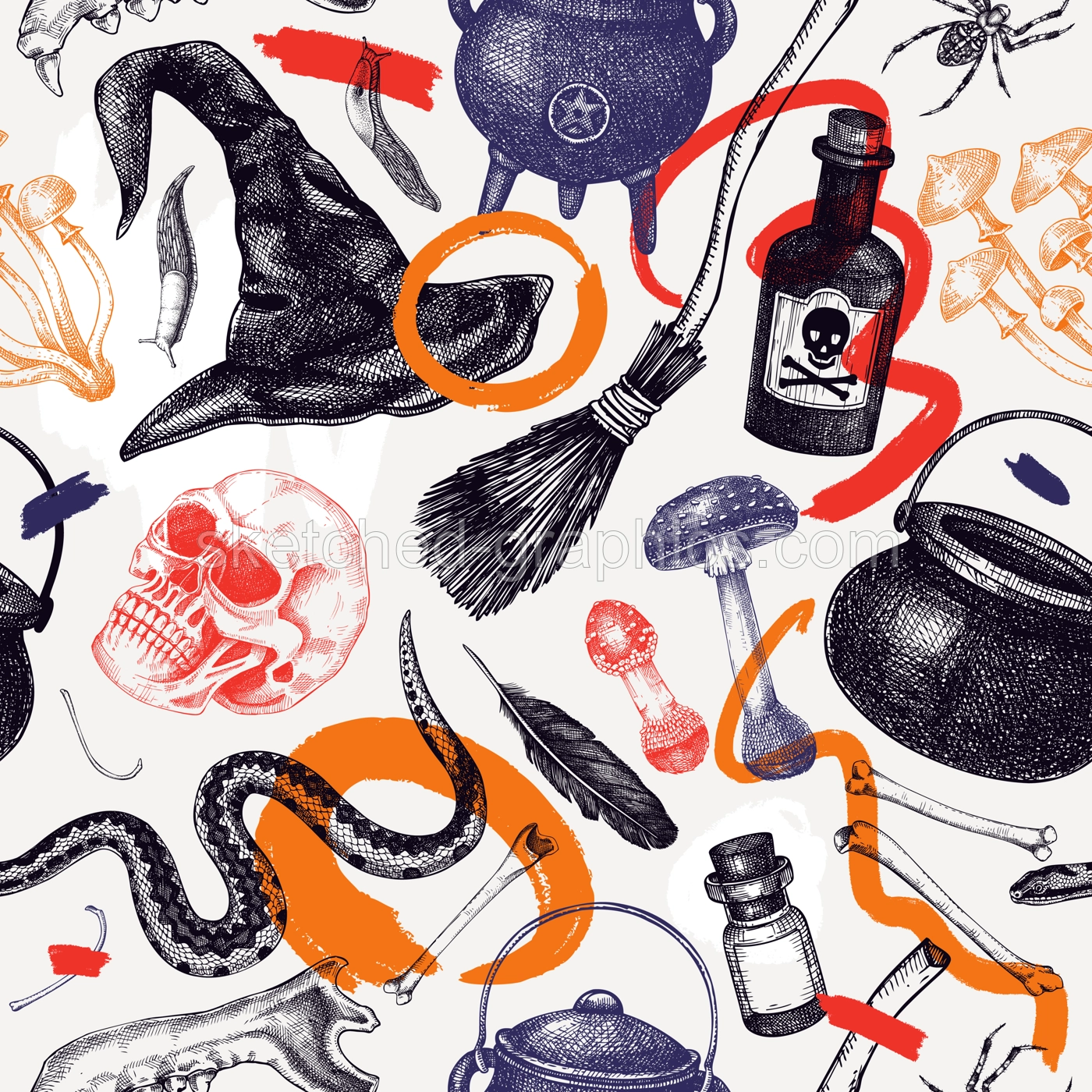 Collage style Halloween seamless pattern. Hand drawn vector illustration. Skulls, bones, pumpkin, poisonous mushrooms, snakes, raven sketches. Trendy autumn background. Abstract shapes, texture Illustration